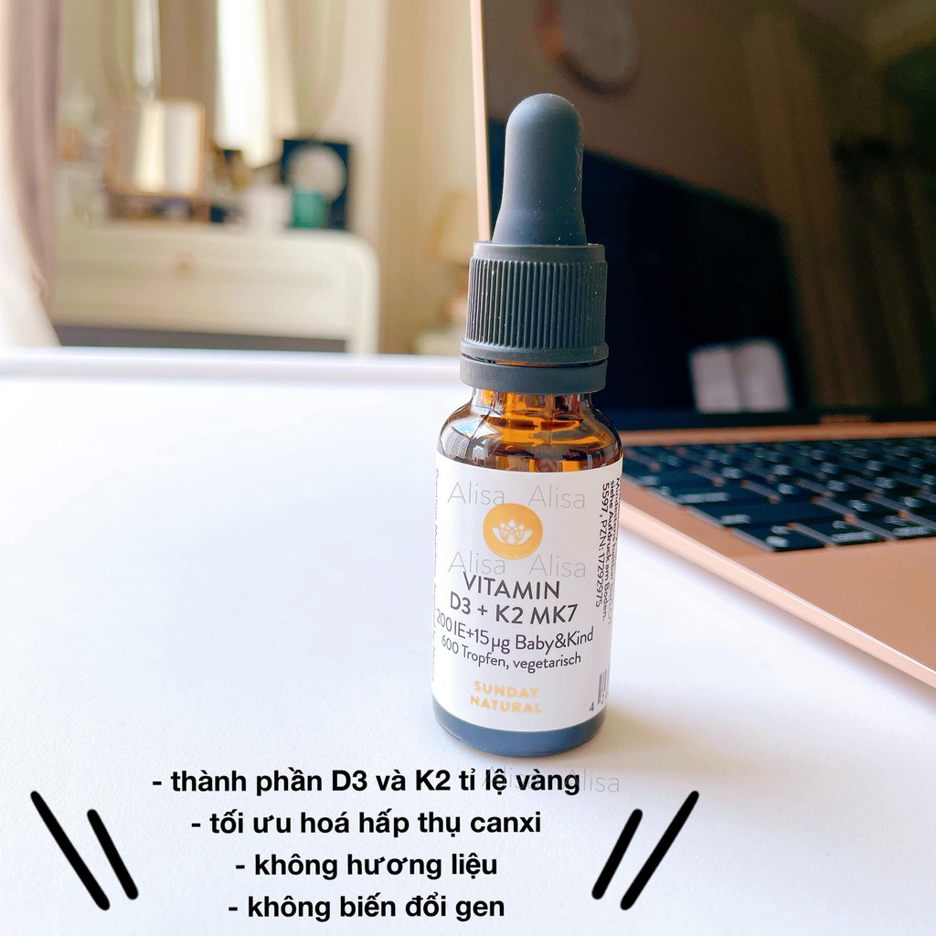 Vitamin D3 K2 Mk7 Sunday Natural 20ml Đức giúp hấp thụ canxi phát triển Chiều Cao tối ưu cho trẻ từ sơ sinh-ALISA