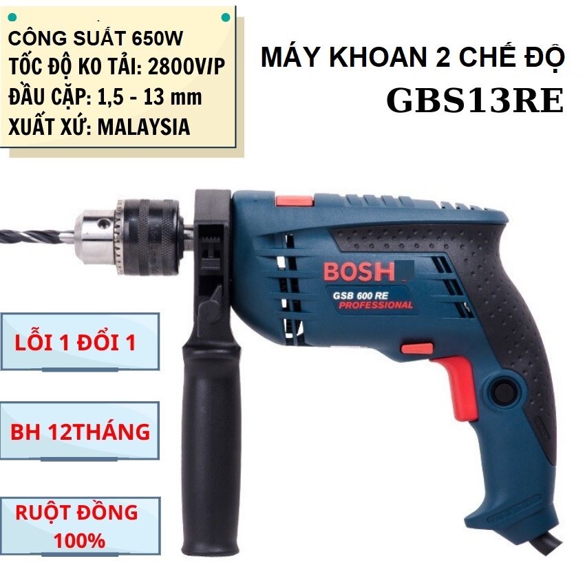 (HCM) Máy Khoan Tường Cầm Tay BOS.GSB.13RE Hai Chế Độ Sắt Gỗ Và Bê Tông Đầu 13 Ly Nhỏ Gọn - Máy Khoan Điện Tốt Bền Rẻ