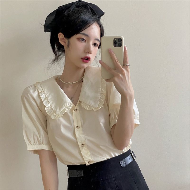 Áo sơ mi tay ngắn cổ chữ V viền ren thời trang xinh xắn cho nữ