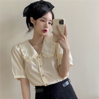 Áo sơ mi tay ngắn cổ chữ V viền ren thời trang xinh xắn cho nữ