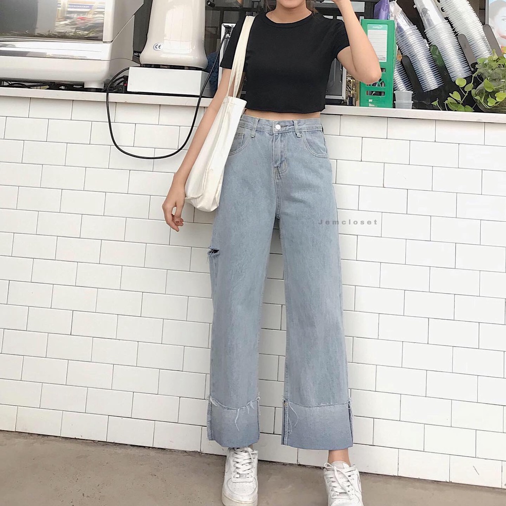 Quần Jeans Nữ JEMCLOSET Gập Ống Suông Viền Rách Phong Cách Trẻ Trung Mẫu Hot - 2162