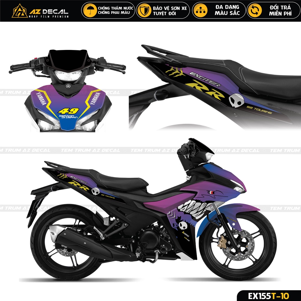 Tem Trùm Exciter 155 Cá Mập Cực Chất | EX155T-10 | Decal Dán Xe Ex 155 Cao Cấp Cho Màu Cam, Xám, Xanh Tím