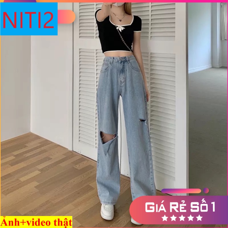 [ THIÊN THẦN ] QUẦN JEAN ỐNG RỘNG NỮ LƯNG CAO FORM DÀI RỘNG RÁCH ĐÙI TRÁI CAO PHỐI VẠT GỐI PHẢI MÀU XANH NHẠT CAO CẤP