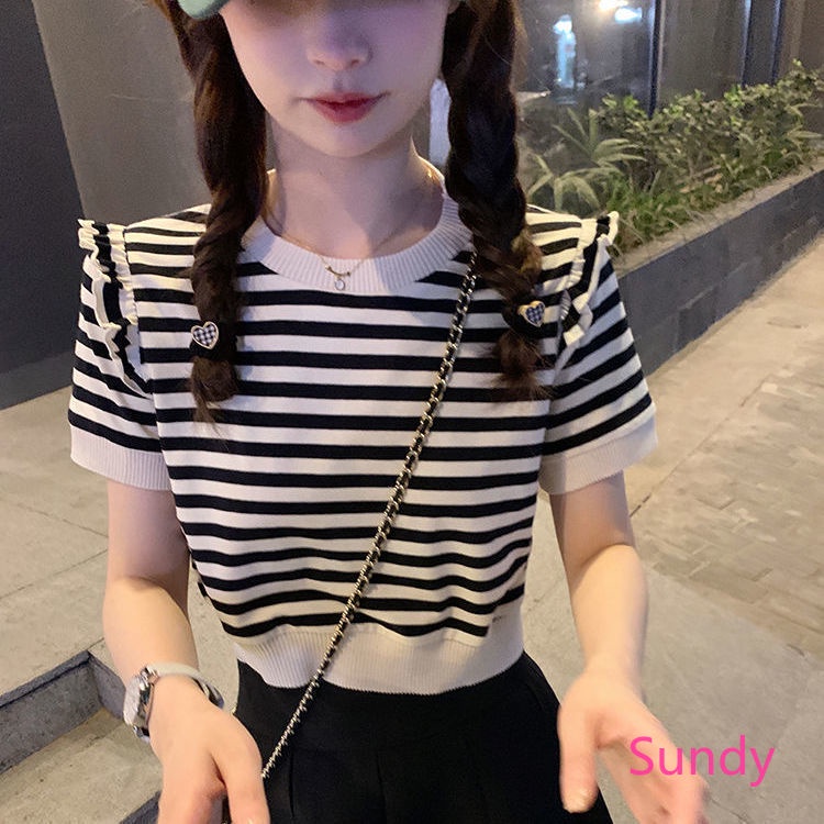 Áo Thun Ngắn Tay Kẻ Sọc Thời Trang Mùa Hè Pháp Cho Nữ