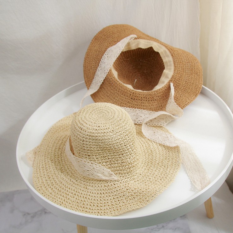 Nón Cói Vành Rộng Mềm Nữ Nơ Ren Đơn Giản Đi Biển