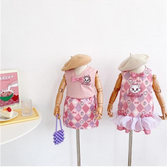 Set Áo Sát Nách Phối Ren + Chân Váy Ngắn Họa Tiết Hình Thoi Hoạt Hình Thời Trang Mùa Hè 2022 Cho Bé