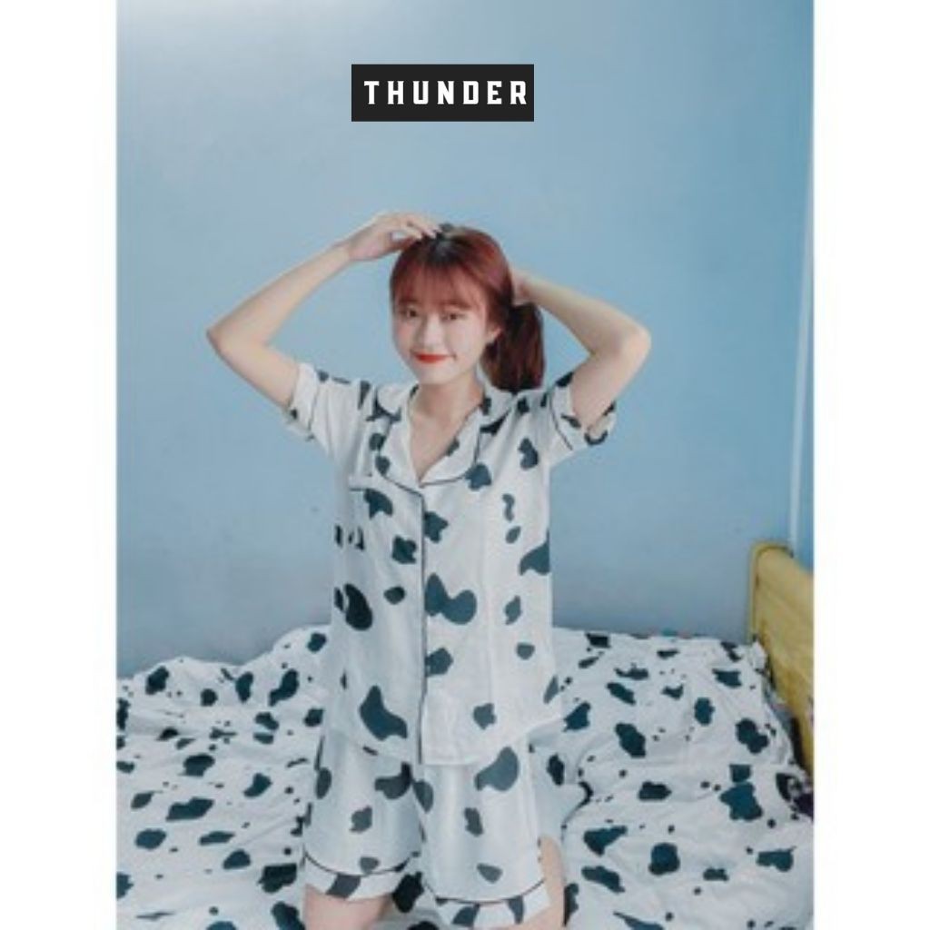 Đồ ngủ nữ cotton thun cộc tay Thunder Unisex đồ bộ nữ cộc tay bộ mặc nhà dễ thương họa tiết bò sữa cực xinh
