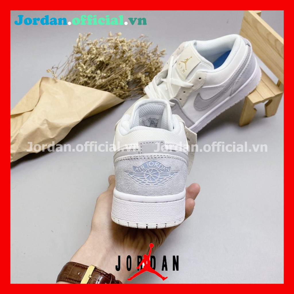 Giày Thể Thao Nam Nữ Jordan JD1 Low Paris Trắng Xám Cổ Thấp Gót Xanh Thời Trang Full Box Bill