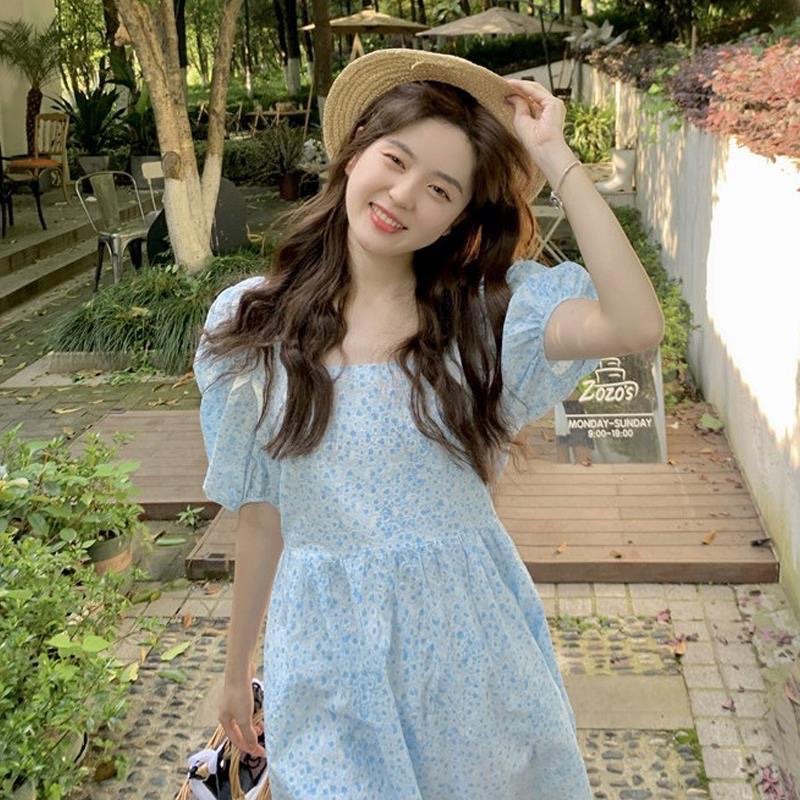 Váy hoa nhí tiểu thư ngắn tay bo chun nhẹ nhàng, 2 màu vàng, xanh, full size từ S-2XL, phong cách PHÁP