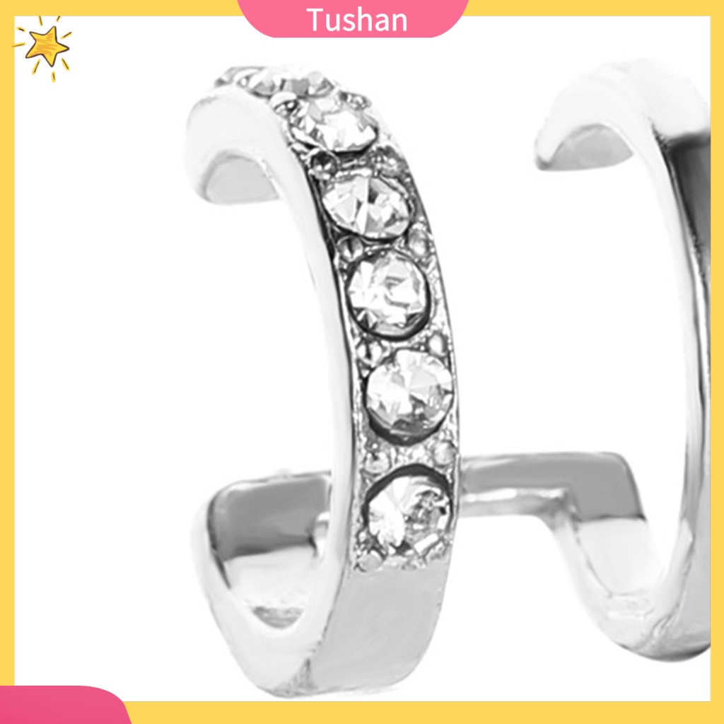 TUSH 1Pc Women Rhinestone Double Layer Ear Cuff Clip On Earring Non Piercing Jewelry