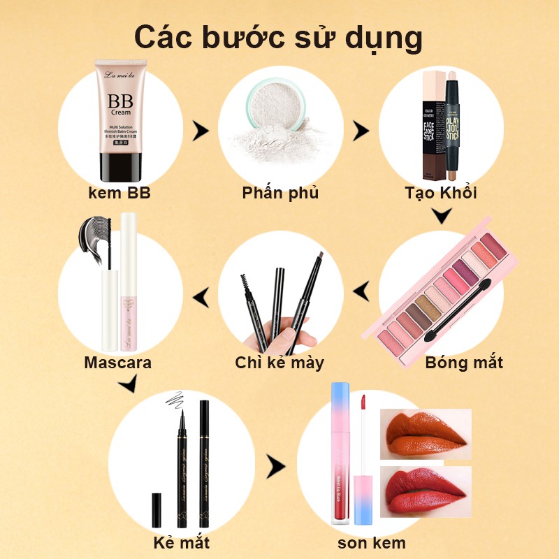 Bộ Trang Điểm Lameila Gồm Kem BB + Kem BB + Phấn Phủ + Phấn Má Hồng + Bút Kẻ Mắt + Mascara + Bút Kẻ Mắt + Son Môi Trang Điểm Tiện Dụng