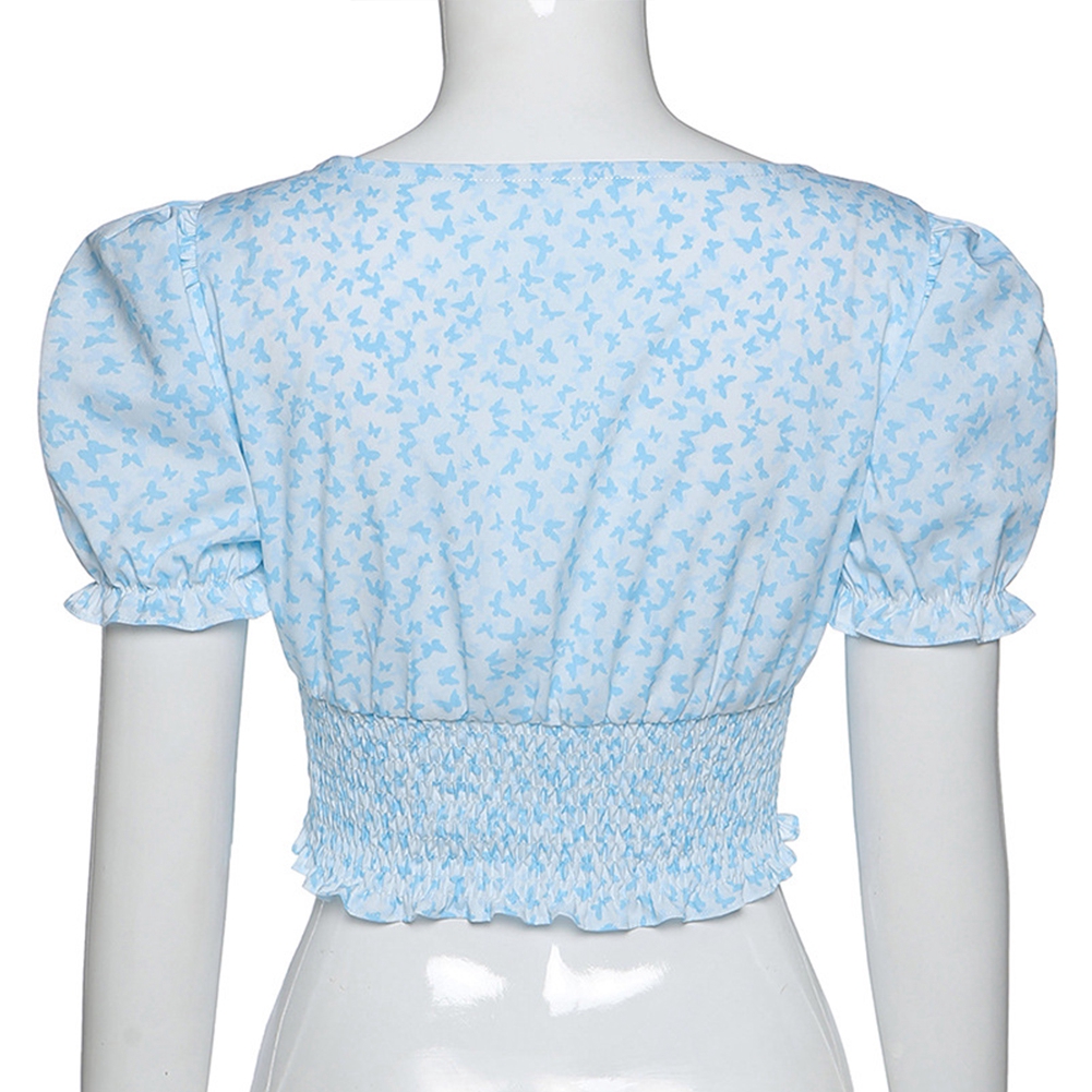 Áo croptop tay phồng dáng ôm họa tiết bướm cho nữ