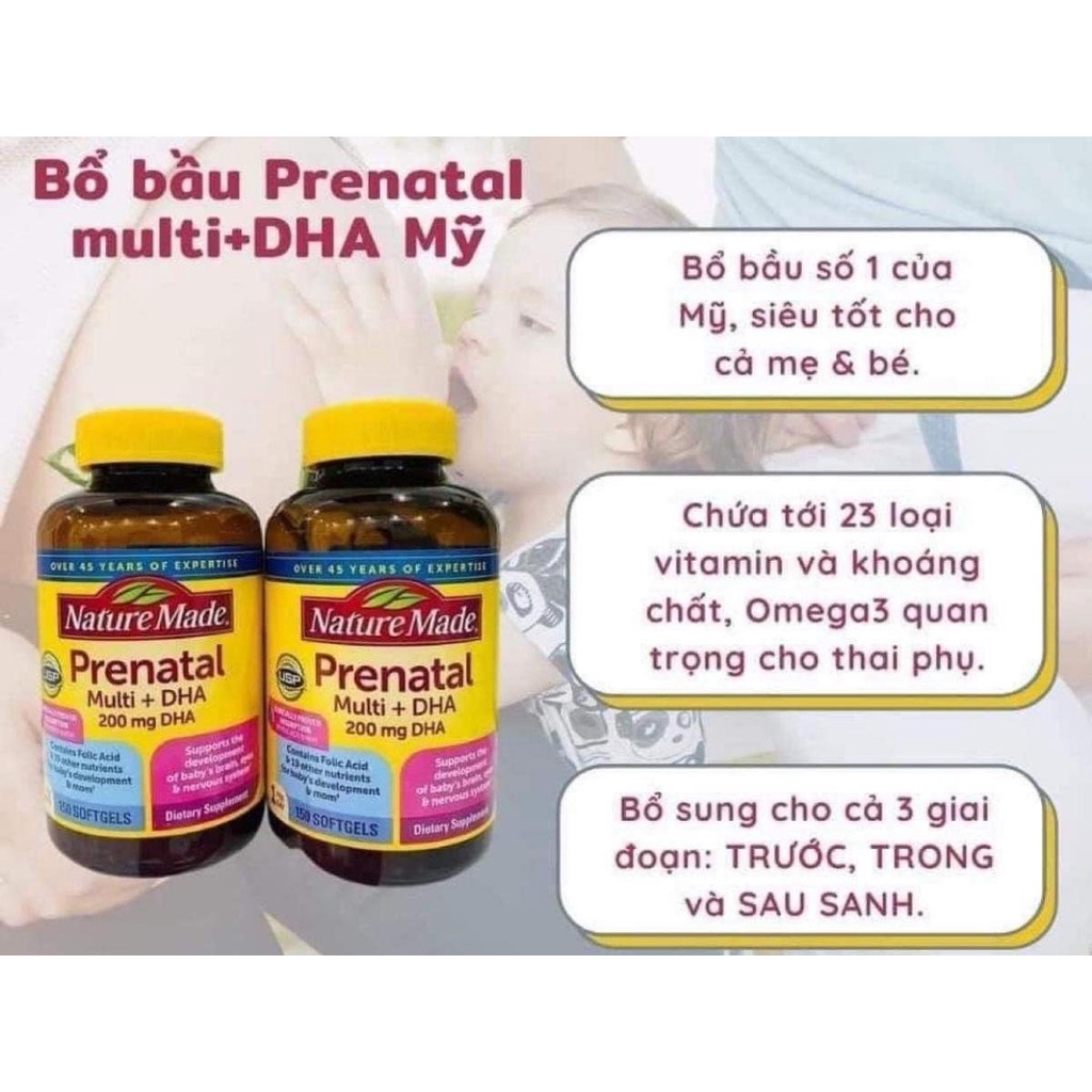 Vitamin tổng hợp cho bà bầu Prenatal + DHA 200mg Nature Made Mỹ 200mg 150 viên date 2024