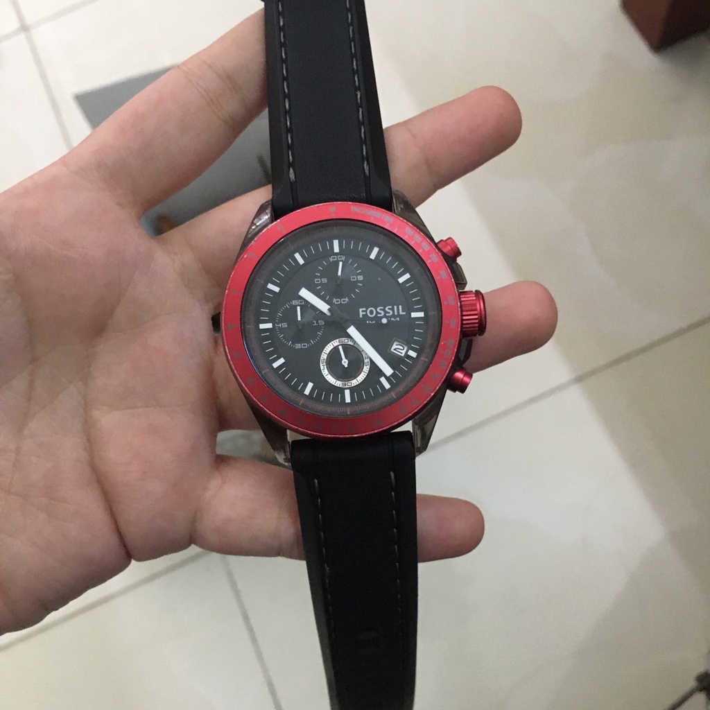 Đồng hồ nam thương hiệu FOSSIL hàng si Nhật chính hãng mặt đen , viền đỏ , có 6 kim