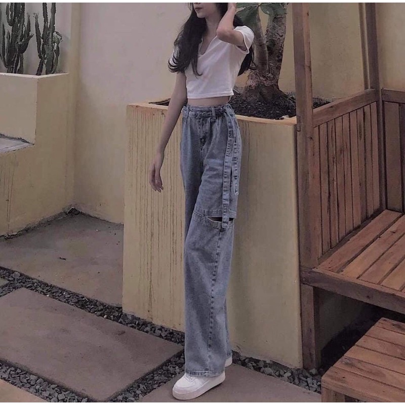 Quần bò kèm đai rách sườn chân xuông⚡️FREESHIP EXTRA⚡️quần JEANS rách sườn chân kèm dây cool ngầu, cá tính