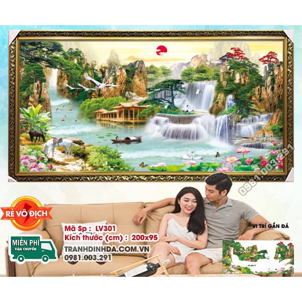 Tranh đính đá phong cảnh non nước hữu tình KT:150x75cm. Tranh gắn đá tự đính