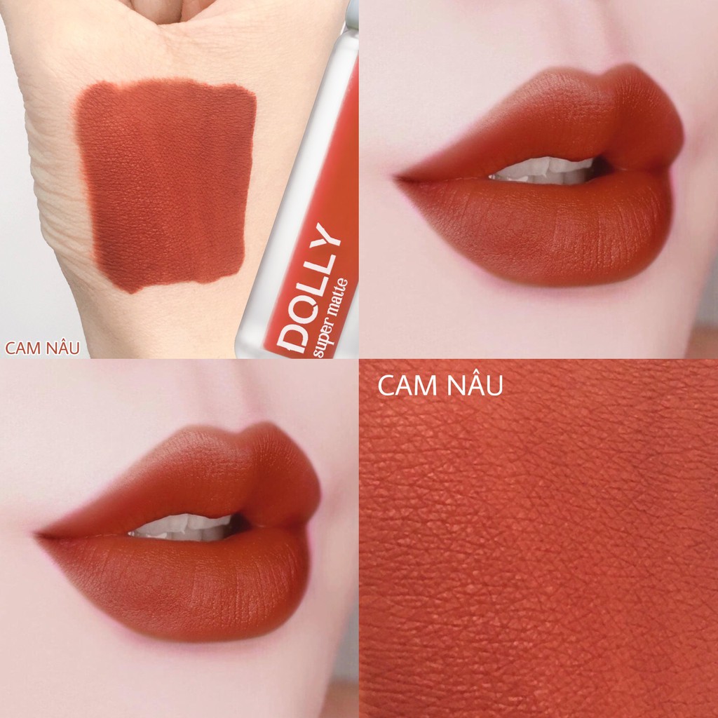 Son kem lì màu cam nâu Dolly super matte, son kem lì không chì bền màu lâu trôi, mua 2 cây tặng 1 hộp đựng cao cấp