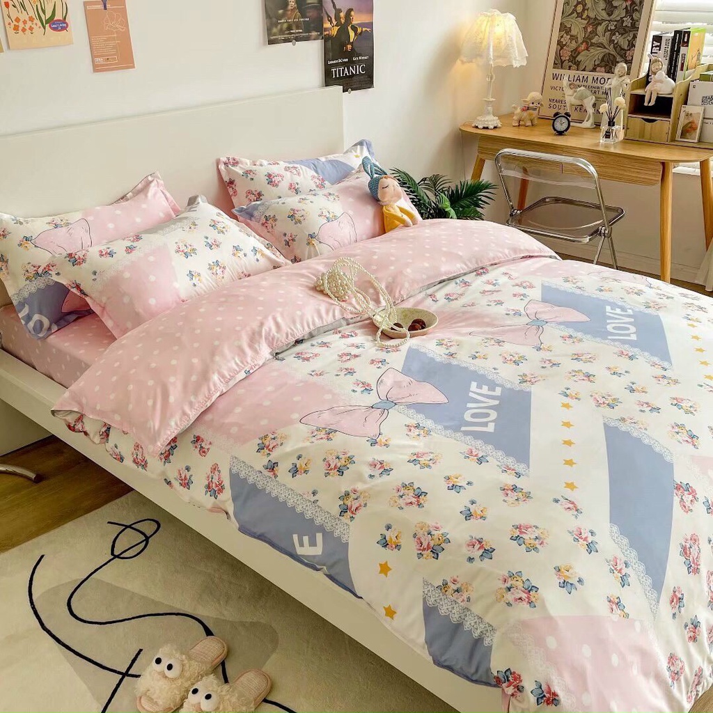 Bộ chăn ga gối Cotton Poly Decor bedding Cánh hồng, vỏ chăn mền, drap giường và 2 vỏ gối