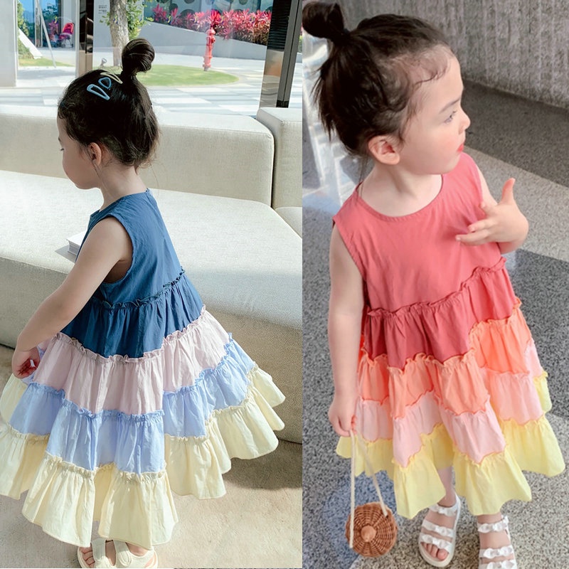 Đầm Sát Nách Màu Cầu Vồng Thời Trang Mùa Hè Cho Bé_HÀNG QUẢNG CHÂU CAO CẤP