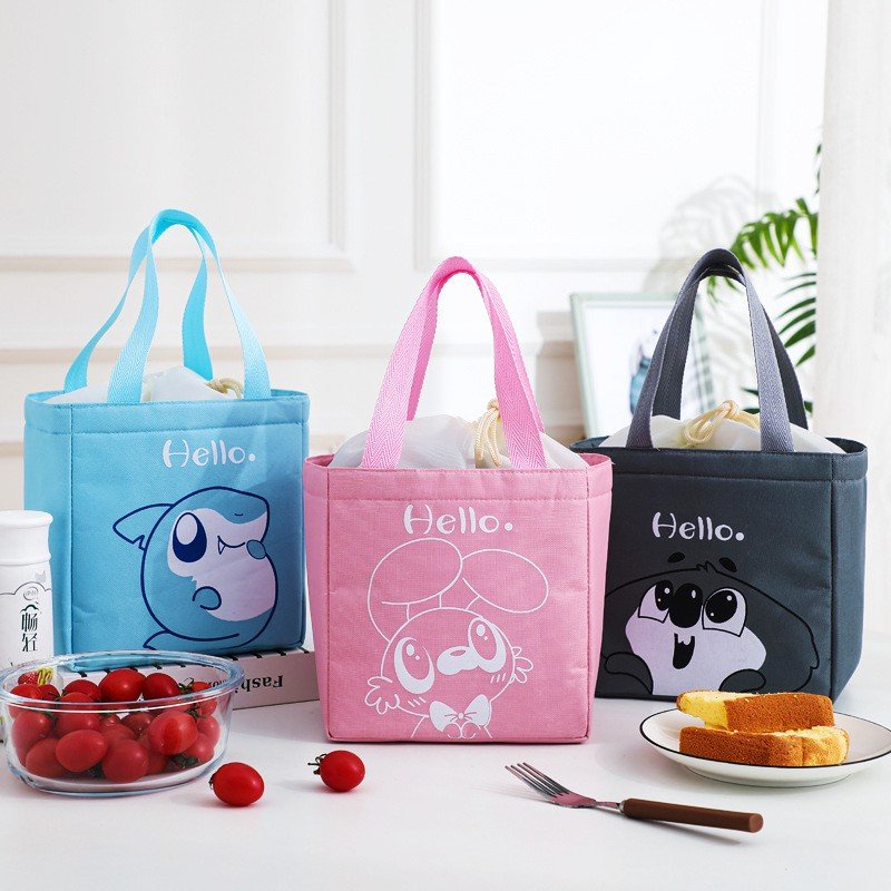 Túi đựng cơm giữ nhiệt dây rút có lớp giấy bạc giữ nhiệt hoạ tiết động vật dễ thương