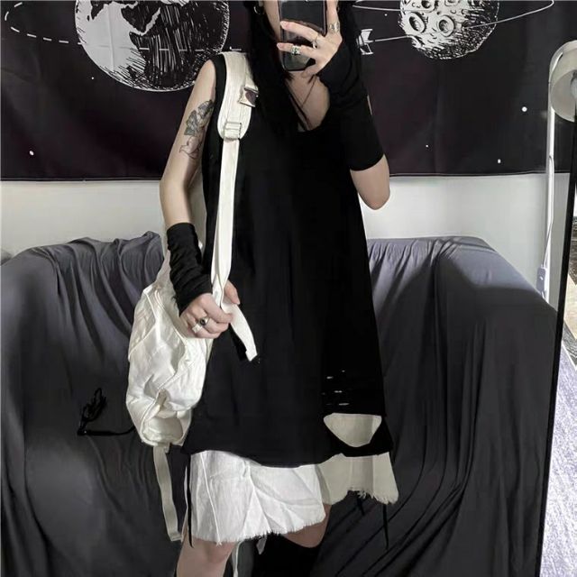 (SẴN Xám, Đen, Be) Áo tank top unisex nam nữ rách gấu tạo layer