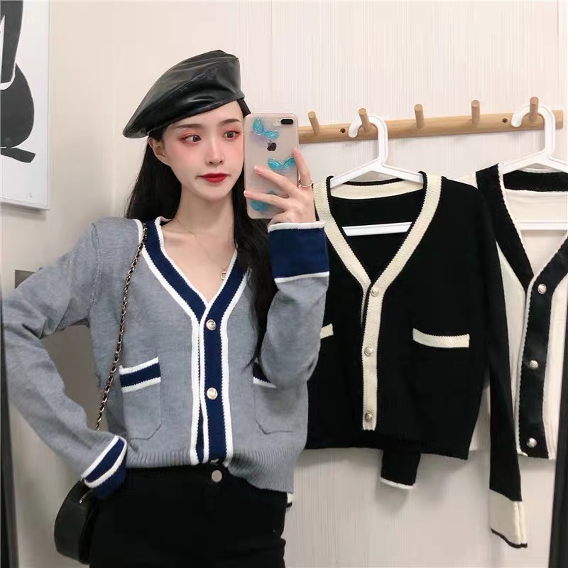 Áo khoác cardigan dệt kim cổ chữ V phong cách Pháp thời trang dành cho nữ