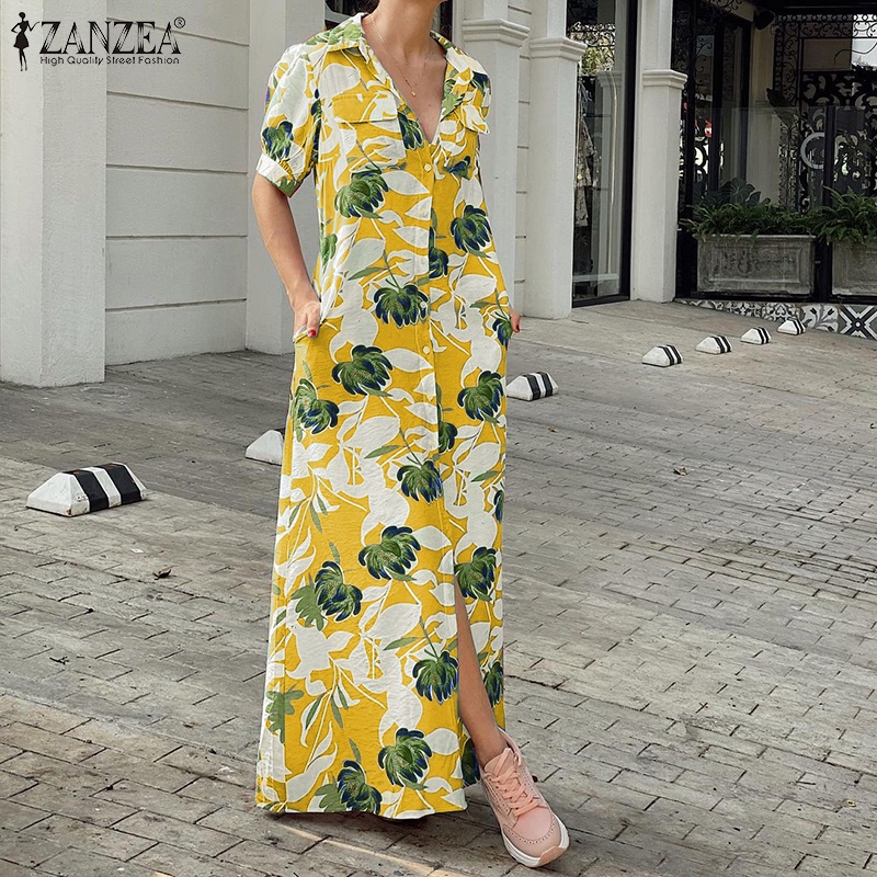 Đầm sơ mi ZANZEA tay ngắn hoạ tiết in hoa thời trang nữ tính thanh lịch