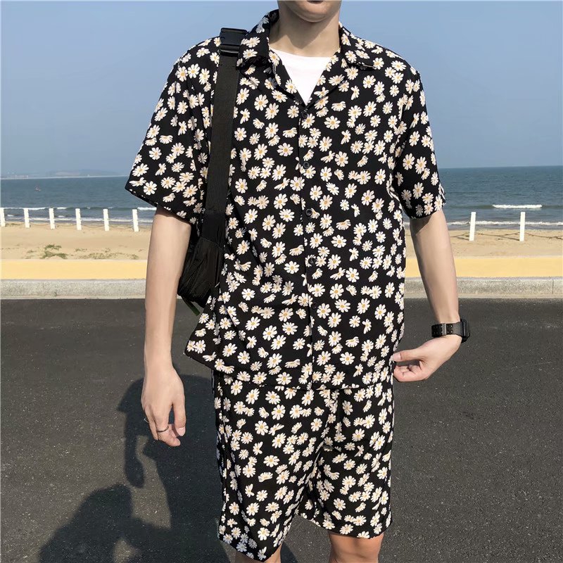 Men's Fashion Chrysanthemum Pattern Short Sleeve Shirt And Shorts Set