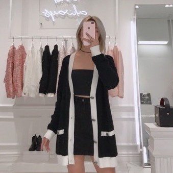 [Mã WABRTN02 giảm 10% ]Áo khoác len cardigan đen viền trắng tingoan SWEETEST CARDIGAN/BL FREESIZE | BigBuy360 - bigbuy360.vn