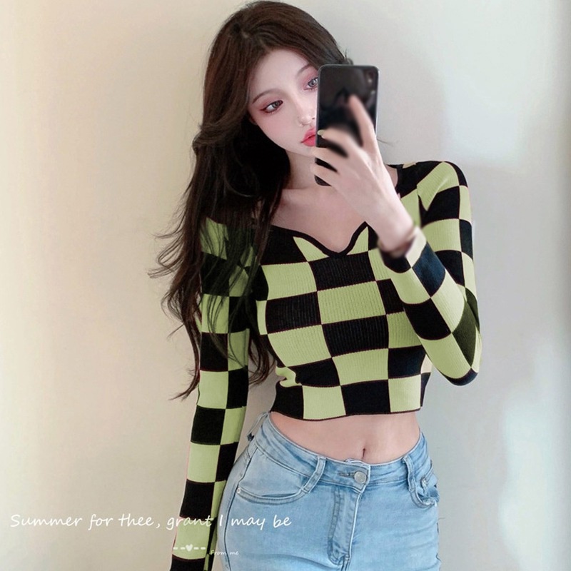 Áo Croptop Dệt Kim Tay Dài Thiết Kế Quyến Rũ