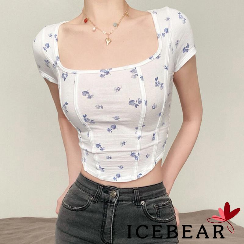 Áo Croptop Ngắn Tay Cổ Vuông In Họa Tiết Hoa Thời Trang Cho Nữ