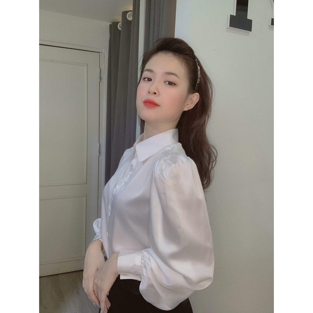 [Mã FAMAYWA giảm 10K đơn 50K] Áo Sơ Mi Lụa Bóng Trơn Tay Bồng Cổ Đức Cực Xinh | BigBuy360 - bigbuy360.vn