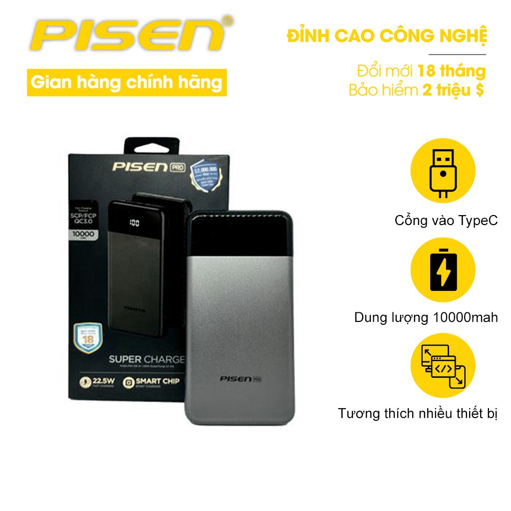 [Mã BMLTA50 giảm 10% đơn 99K] Sạc dự phòng Pisen Quick HW-S1 10000mAh (SuperCharge 22.5W) - Hàng Chính Hãng