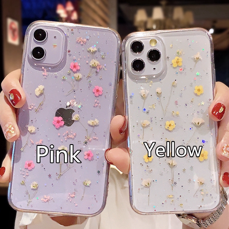 Casing Huawei Nova 7 7i 7 SE 5T 5i 4 3i 3e 4e Real Dried Flowers Luxury Soft Clear Floral Star Glitter Handmade Cover Case