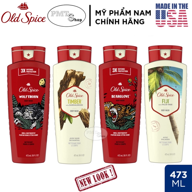 Sữa tắm nam Gel Old Spice 473ml Timber | Bearglove | Fiji | Wolfthorn | Pure Sport | Tắm gội 2in1 532ml