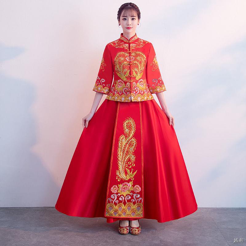 ∋℡✼Xiuhe quần áo cô dâu 2021 váy bánh mì nướng nữ mới cùng với kích thước cưới Trung Quốc dài rồng và phượng