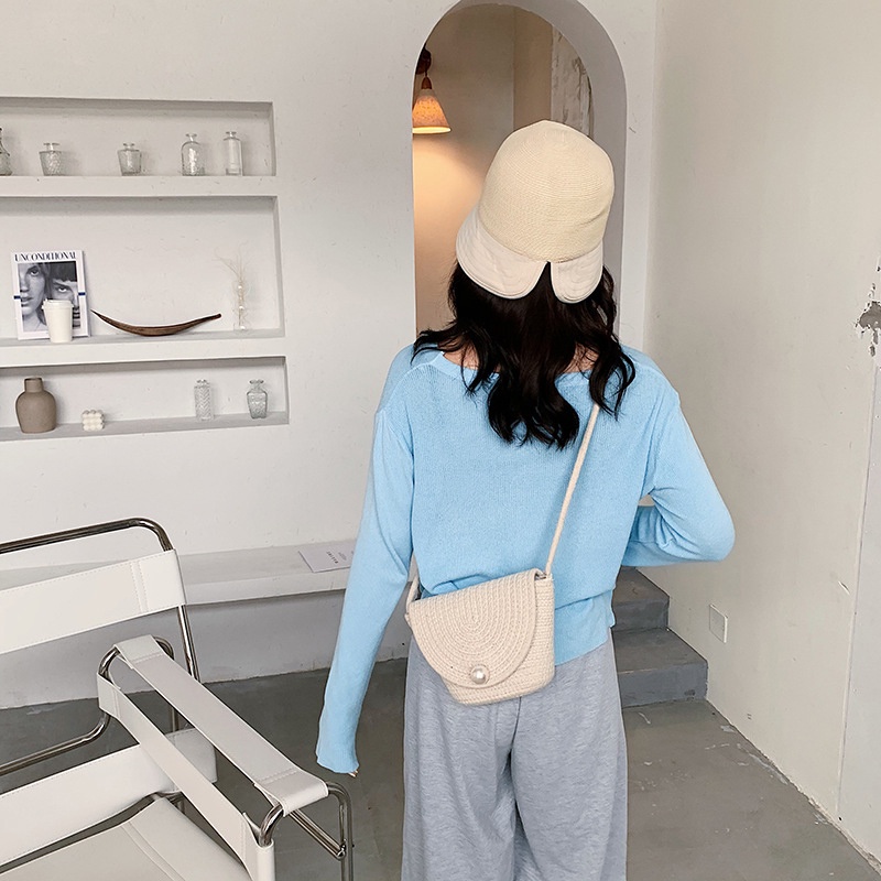 Túi cói IELGY chất liệu rơm dệt đính ngọc trai thời trang dành cho nữ