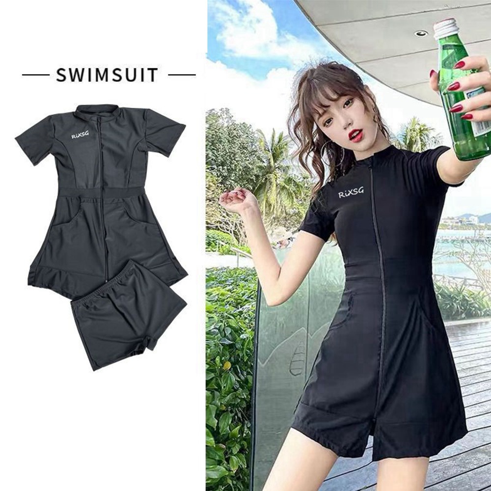Bộ Đồ Bơi 2 Mảnh Gồm Áo Tay Ngắn Và Quần Short Có Túi Cho Nữ