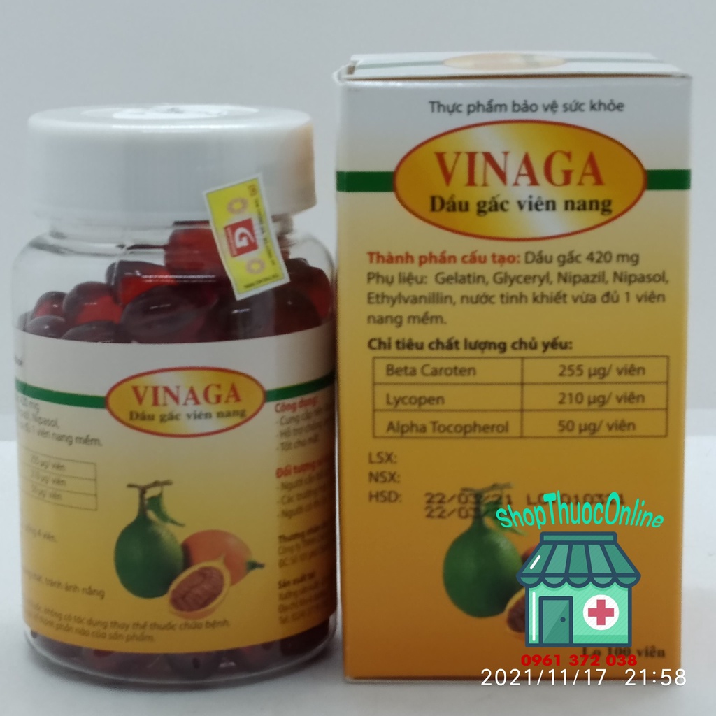 Dầu gấc viên nang VINAGA bổ sung DHA lọ 100 viên