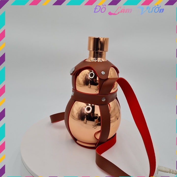 Bình hồ lô Inox 1.6 lít đựng nước màu đồng có bao da lủng