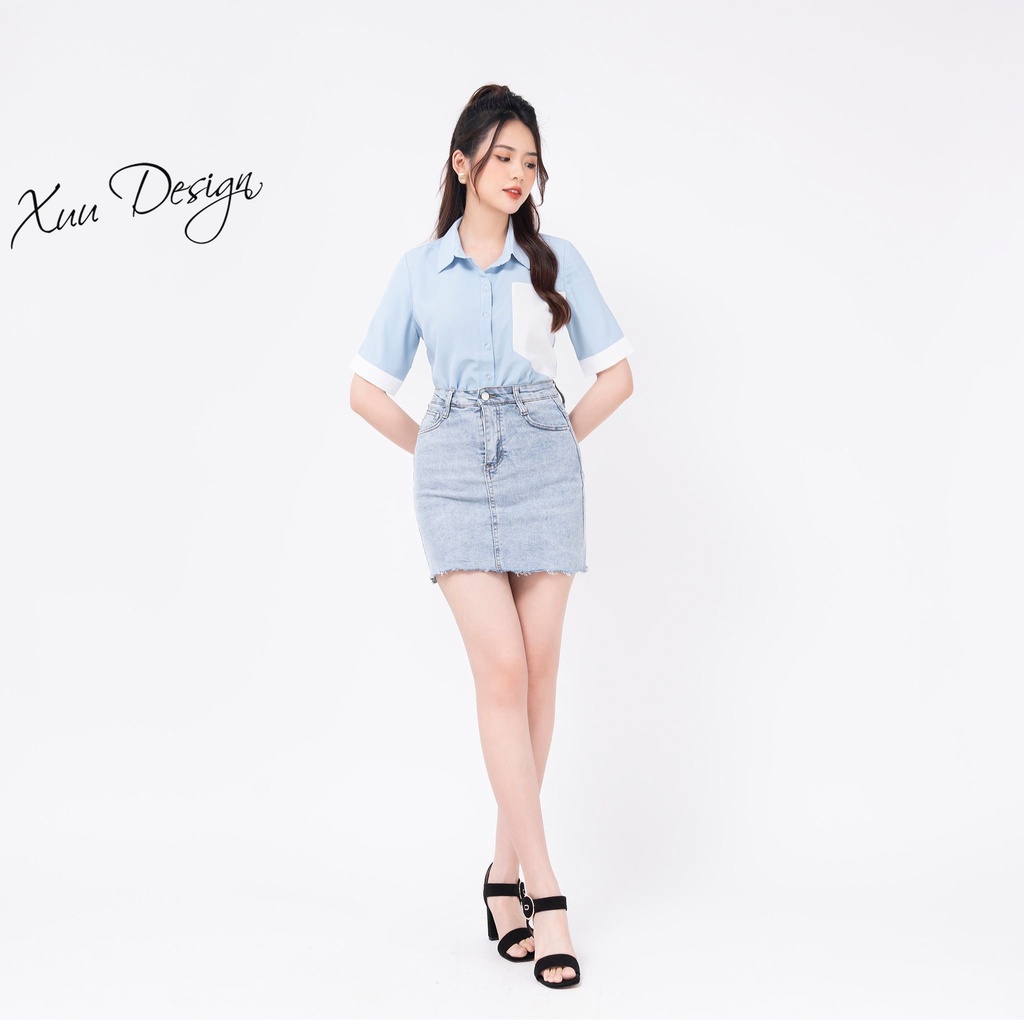 Áo kiểu nữ phối màu ngắn tay công sở Xuu, chất liệu tơ ý mềm mát - SK07