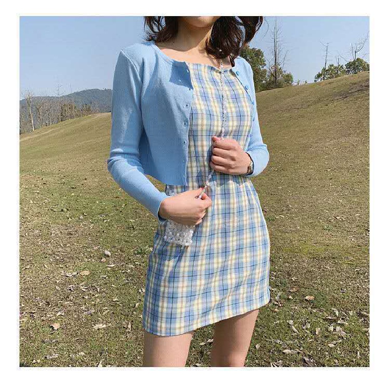 Vintage and Little Fresh Plaid Dress Women's Summer Korean Style Student Sleeveless Bottoming Suspender Dress Slim Fit Figure Flattering Short Skirt