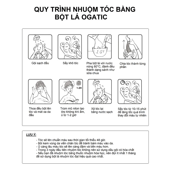 Bột lá nhuộm tóc thảo dược Ogatic các màu (ĐEN, NÂU, NÂU ĐỎ, XANH ĐEN) - 100% thảo dược thiên nhiên, không hóa chất