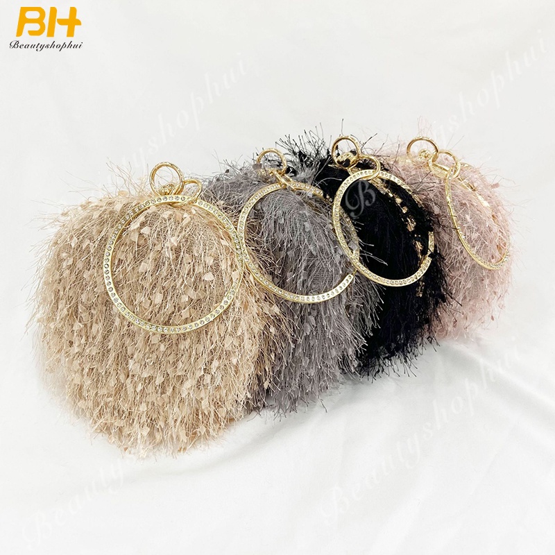 Ví cầm tay hình tròn phối tua rua thời trang dự tiệc