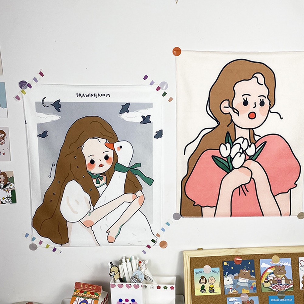 Thảm vải treo tường trang trí hình cô gái xinh xắn phong cách Hàn Quốc