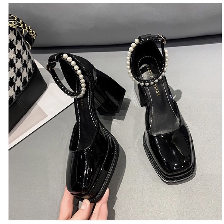 Sẵn hàng  _ Giày lolita , giày cao gót nữ đế trụ 9cm quai cài đính ngọc cao cấp