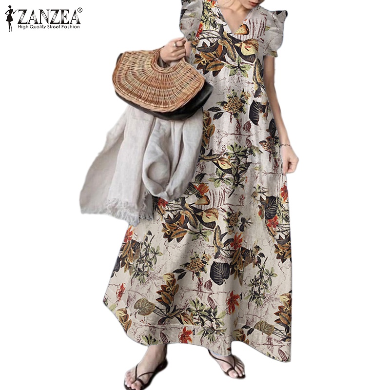 Đầm dài ZANZEA cổ chữ V tay ngắn phong cách retro thời trang cho nữ