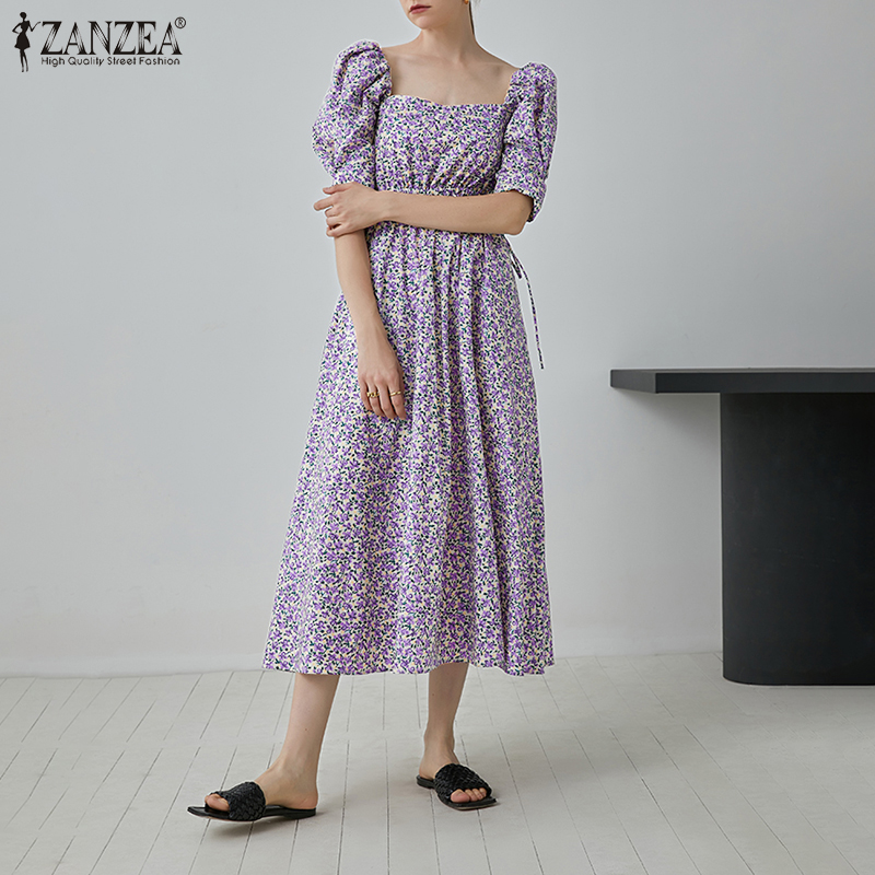 Đầm Maxi ZANZEA Tay Phồng Cổ Vuông In Hoa Phong Cách Xếp Ly Đáng Yêu Cho Nữ | BigBuy360 - bigbuy360.vn