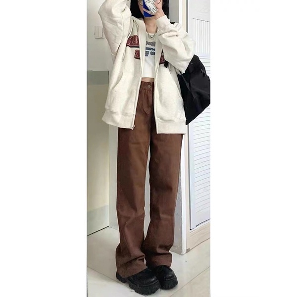 Quần kaki jean màu be/ nâu ống rộng lưng cao phong cách quảng châu | BigBuy360 - bigbuy360.vn