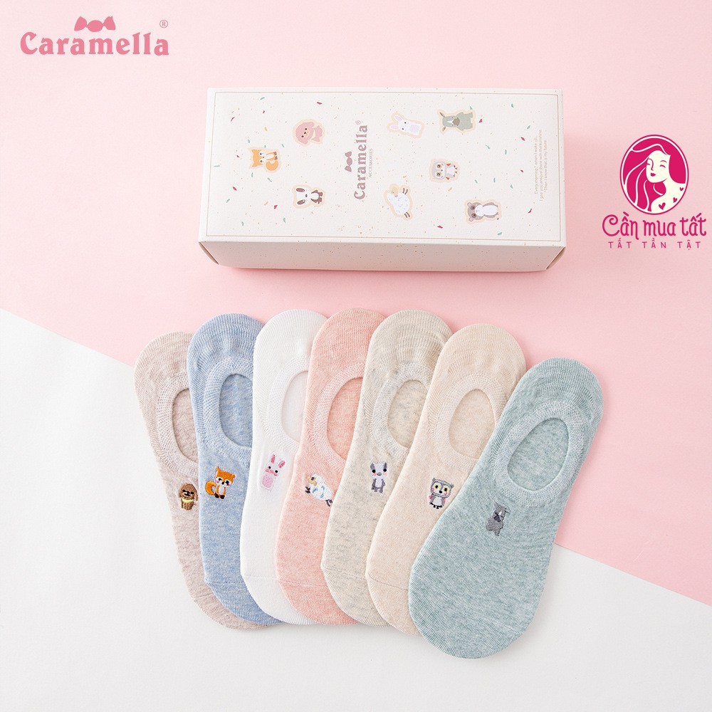 Tất lười nữ Caramella set 7 đôi thêu hình thú cưng xinh xắn, vớ nữ đi giày búp bê freesize chân từ 34-39 mẫu 2021